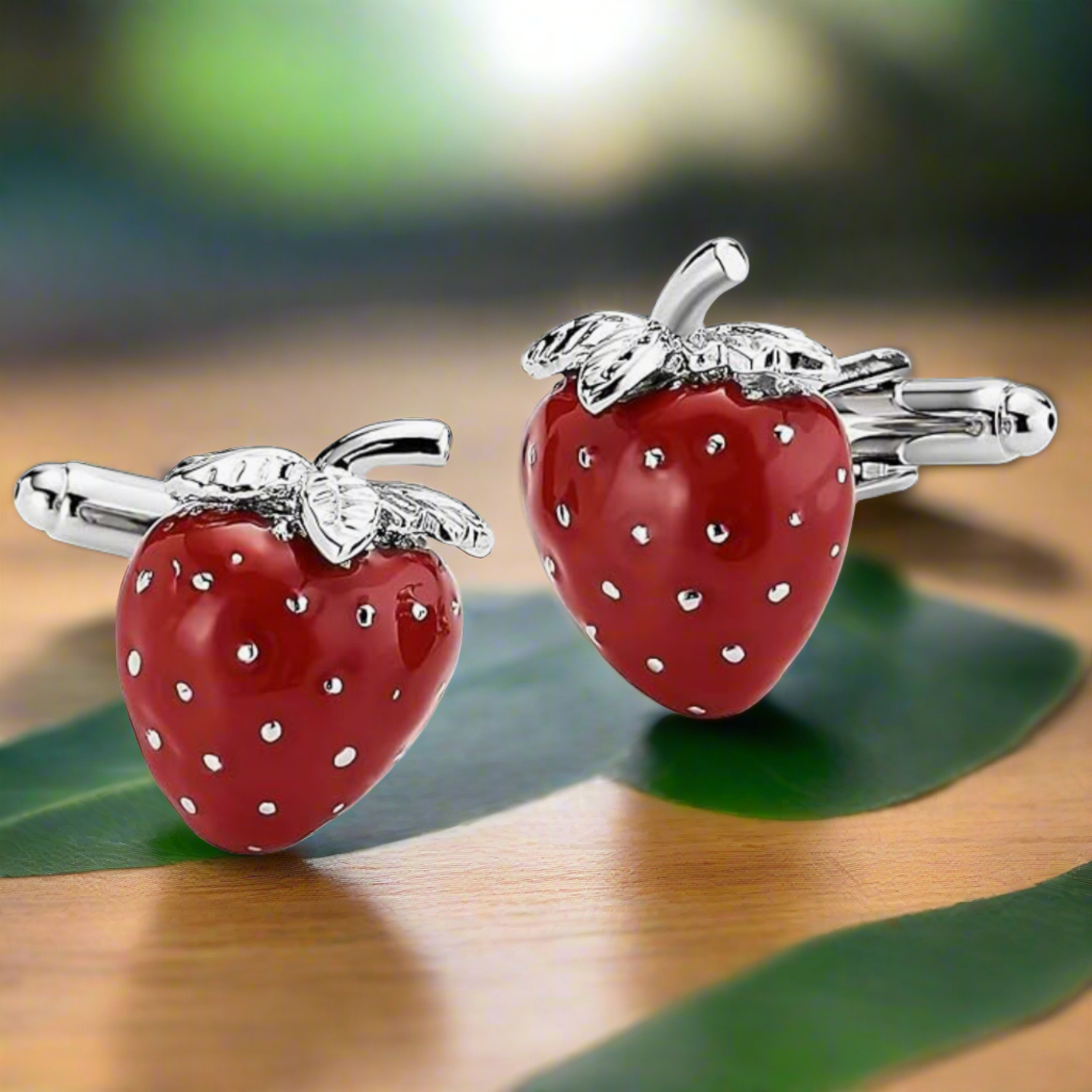A close-up view of Vibrant Fruit Cufflinks showcasing strawberry design.