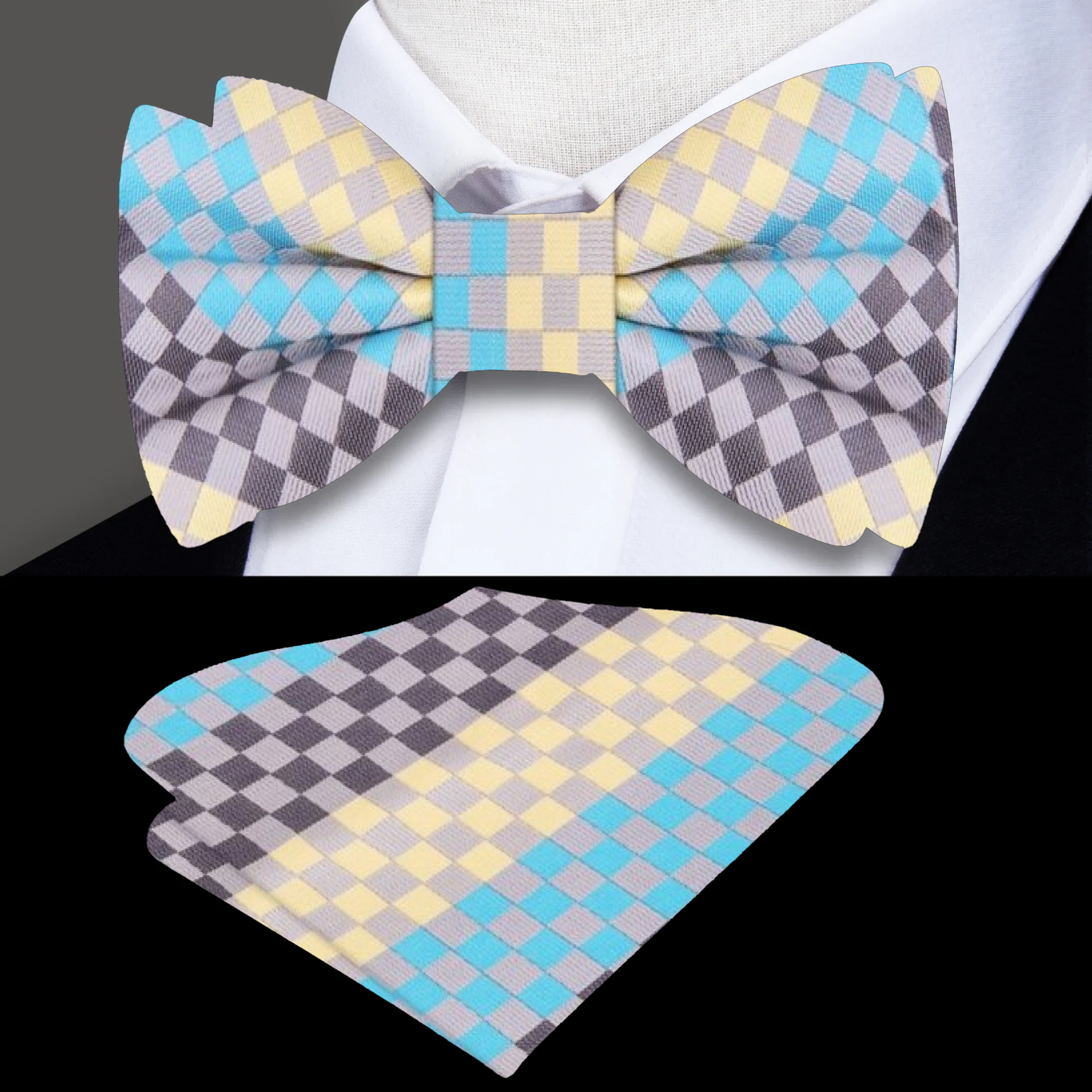 Elegant geometric silk bow tie in orange and grey for formal wear