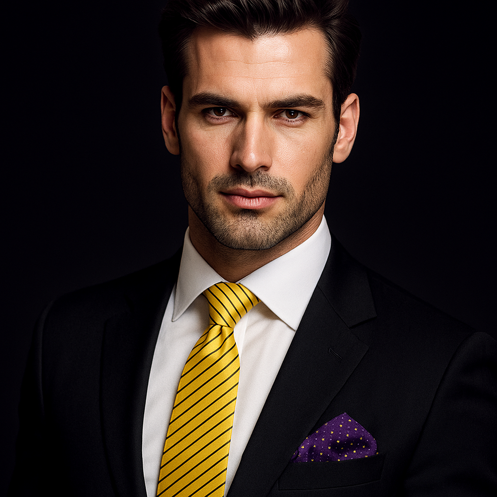 Close-up of a yellow striped necktie with purple pinstripes, highlighting the fine silk fabric and pattern detail.