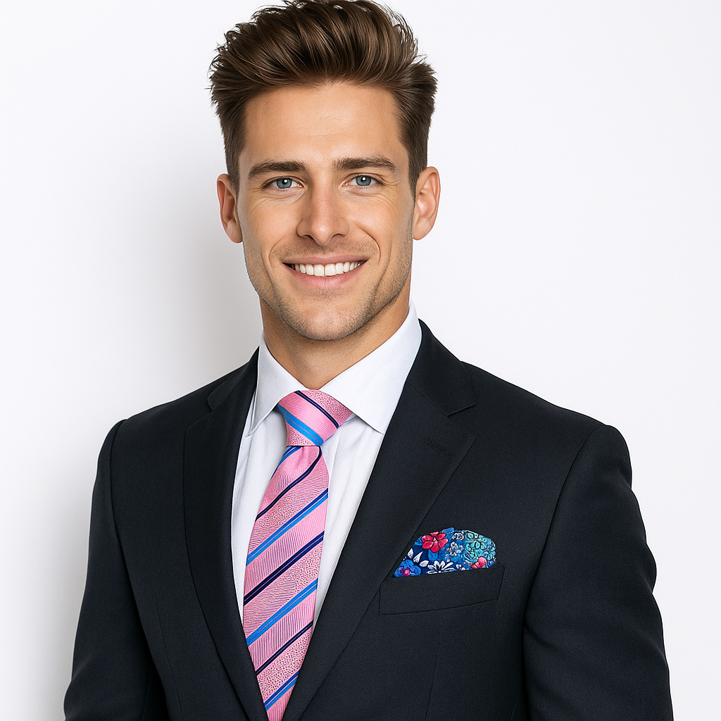 Man wearing pink striped tie with light blue shirt, ready for a wedding or meeting