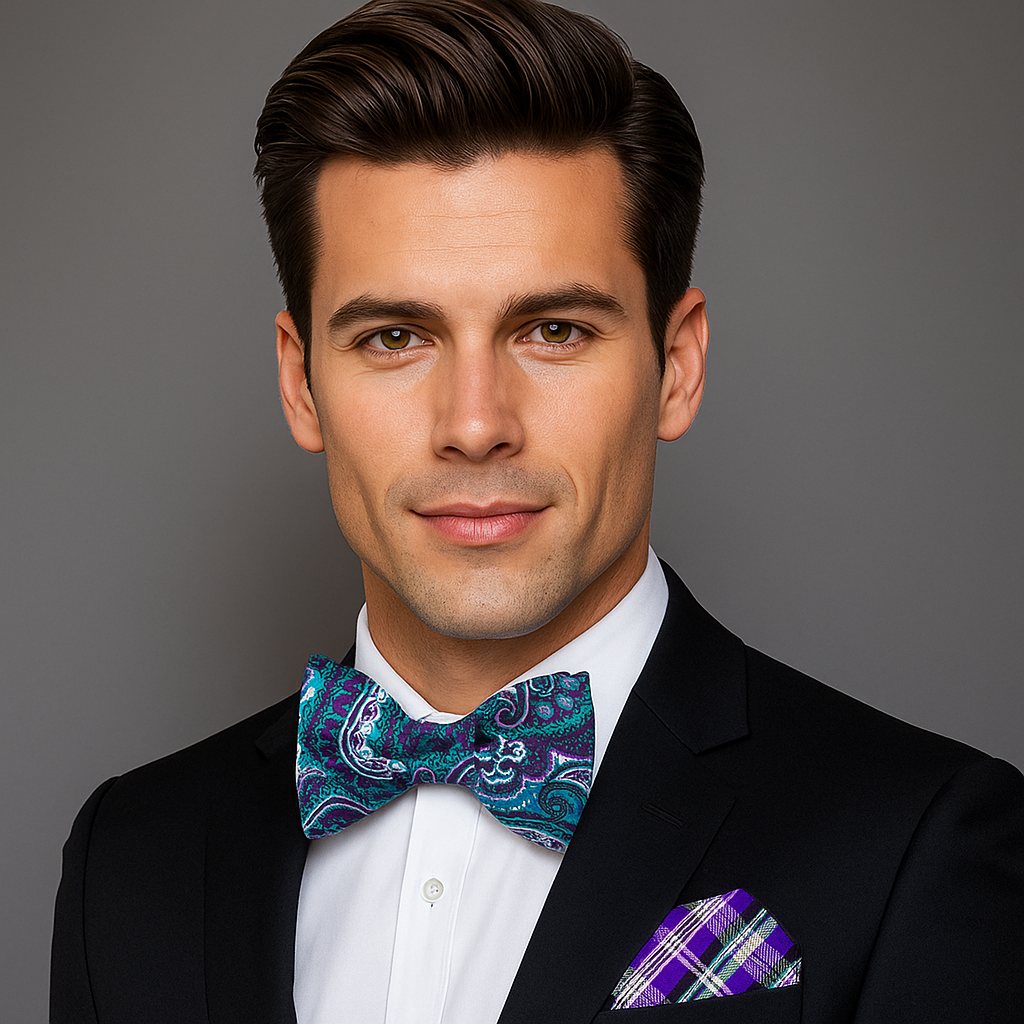 Close-up of the vibrant paisley self-tie bow tie, highlighting the intricate patterns in green, purple, white, and black.