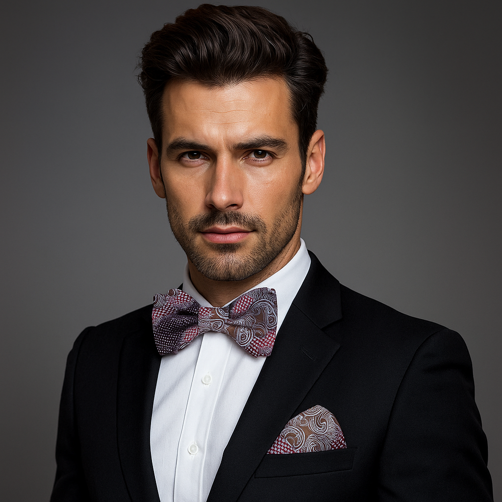 Close-up of Bergamo geometric check and paisley bow tie in dark blue and red, ideal for weddings