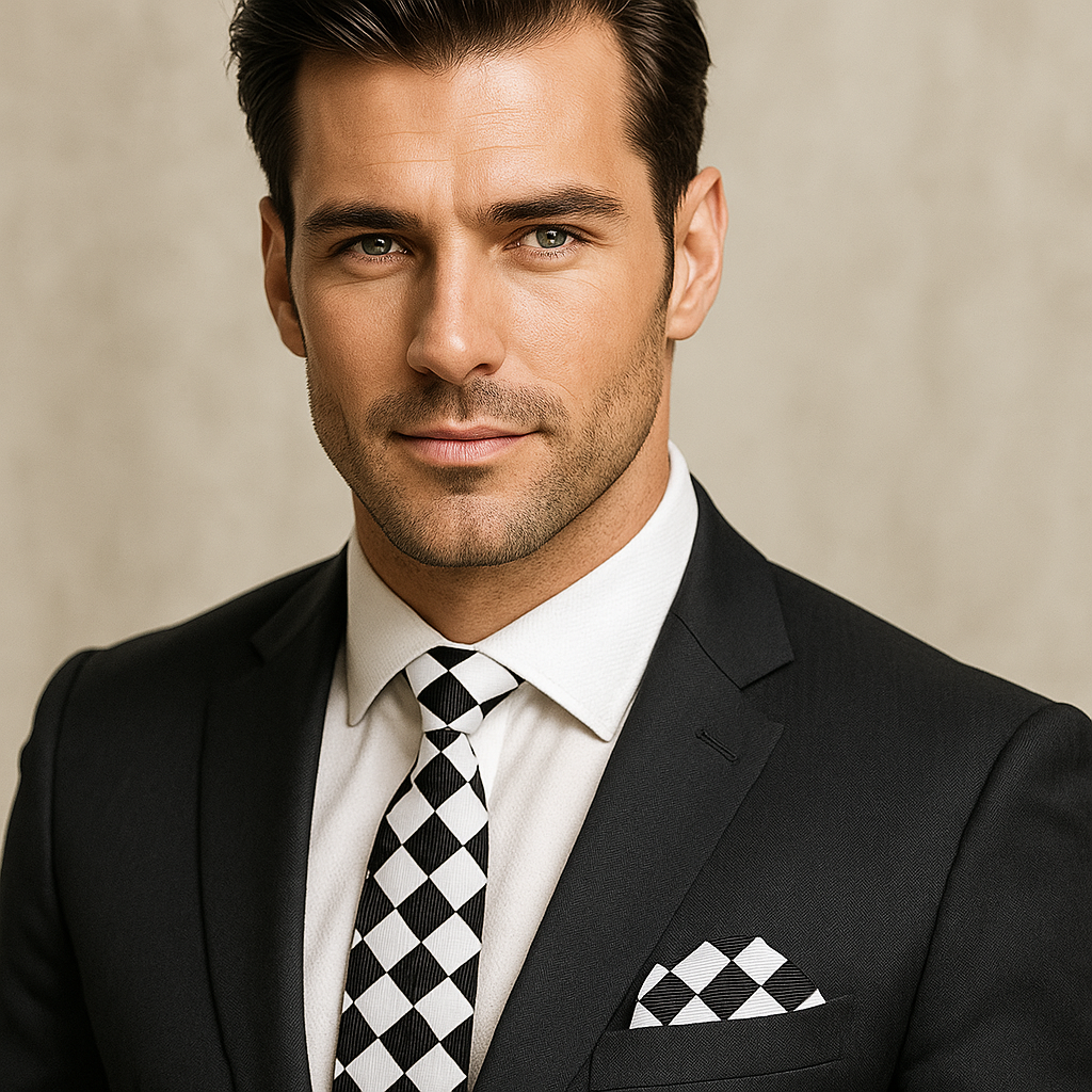Full view of the elegant necktie paired with a white dress shirt and charcoal suit.