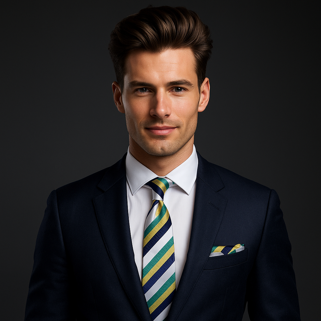 Striped necktie with pocket square set displayed on navy suit — best mens tie for navy suit.