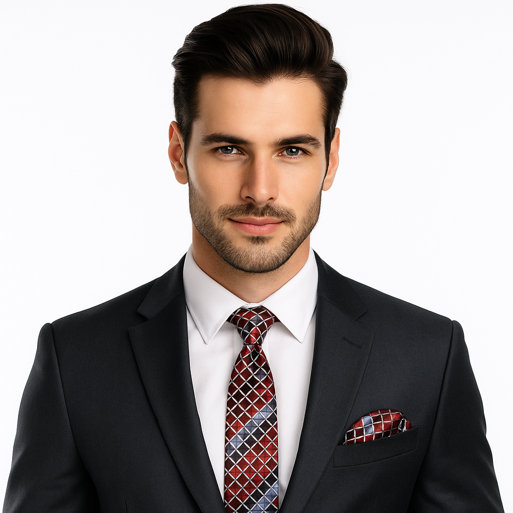 Front view of Mozart geometric squares men's necktie in red, grey, and black on a model