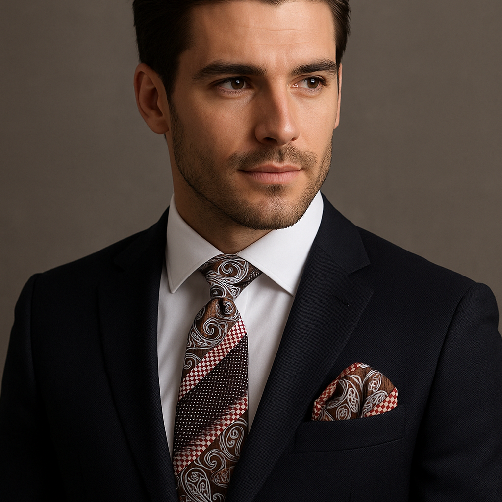 Close-up of green and brown paisley tie showing intricate pattern and texture