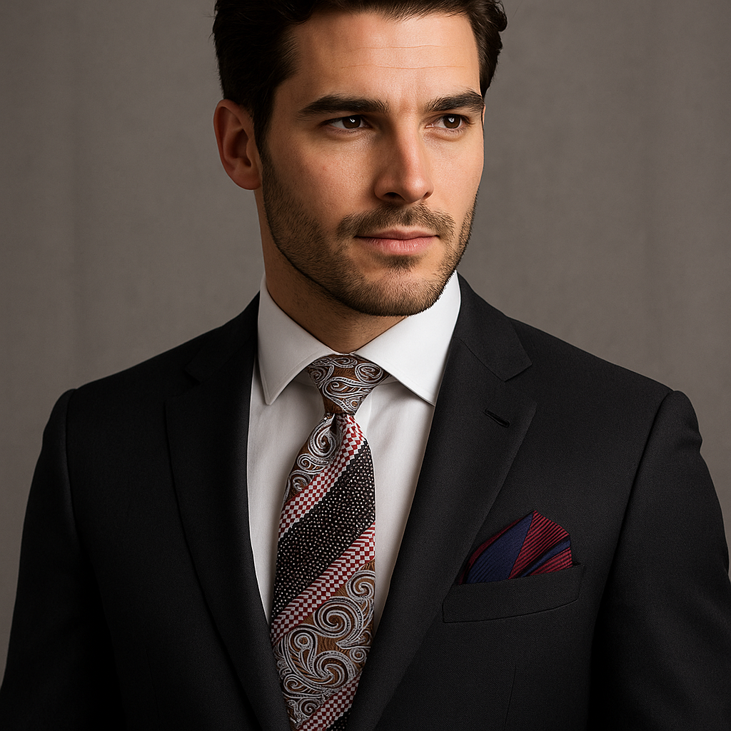 Close-up of the paisley pattern on the necktie, showcasing its intricate design
