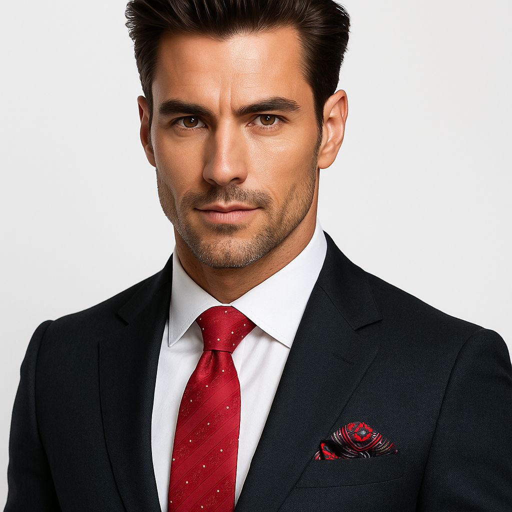 Elegant textured red floral necktie displayed on a suit, emphasizing its intricate design and color.