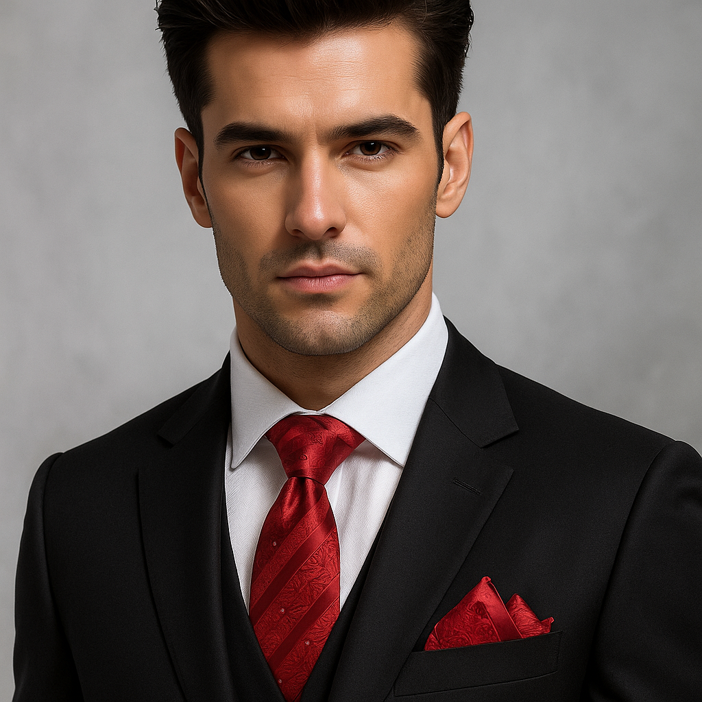 Red necktie styled with a white dress shirt and charcoal suit, showcasing a polished look for business meetings.
