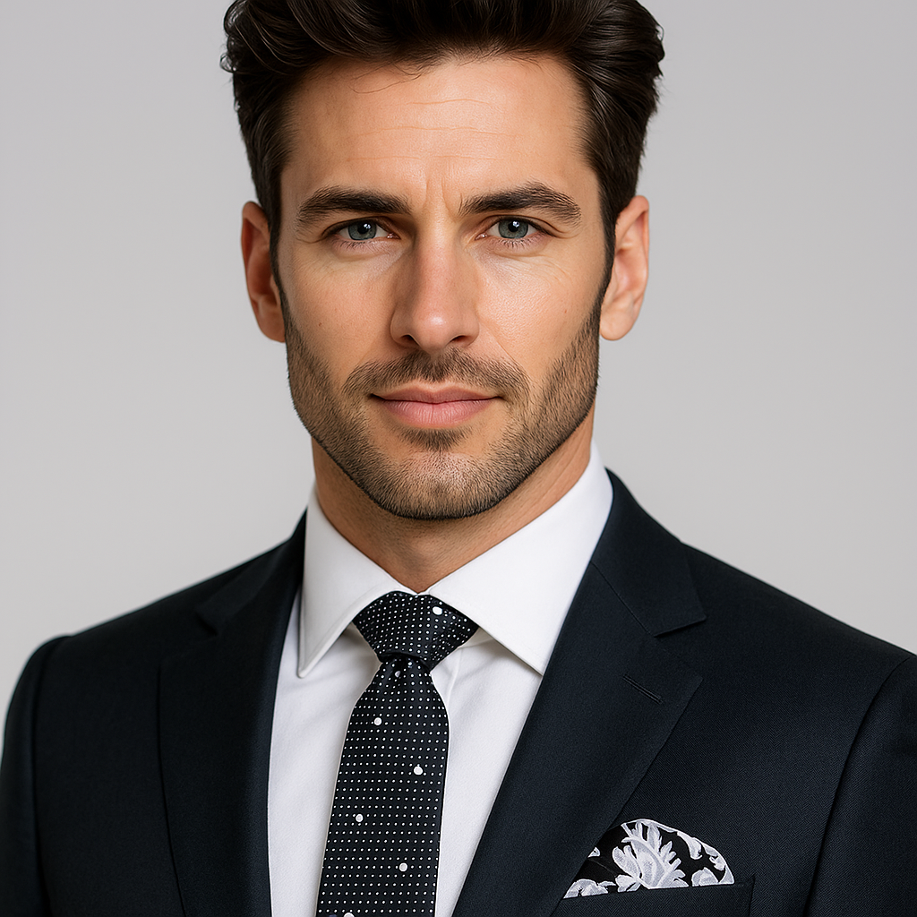 Full view of Blackwood polka dot tie and matching pocket square set laid flat on a charcoal suit