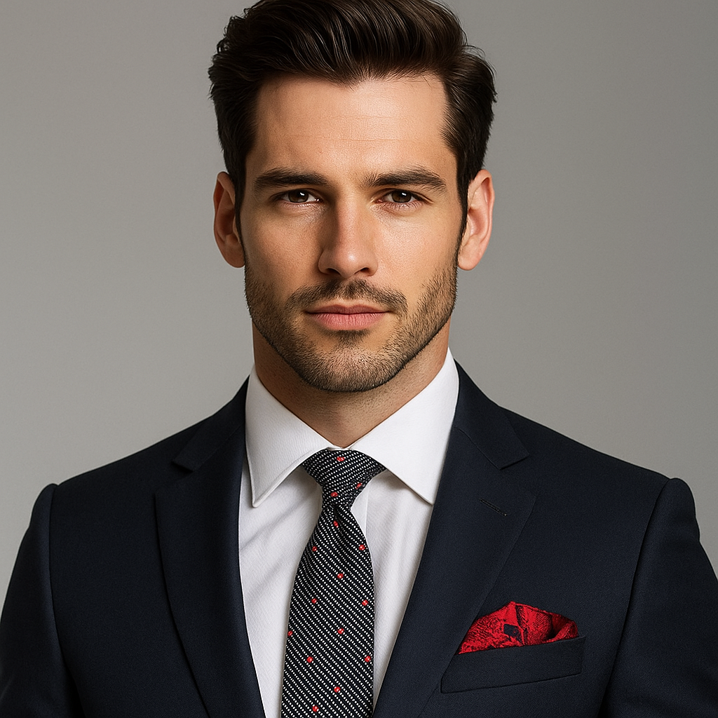 Close-up of black and white polka dot tie with subtle check texture, styled with a white dress shirt