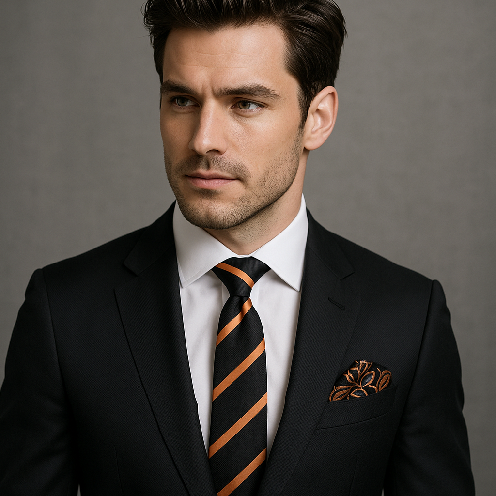 Fashionable mens stripe necktie paired with a suit for a formal occasion