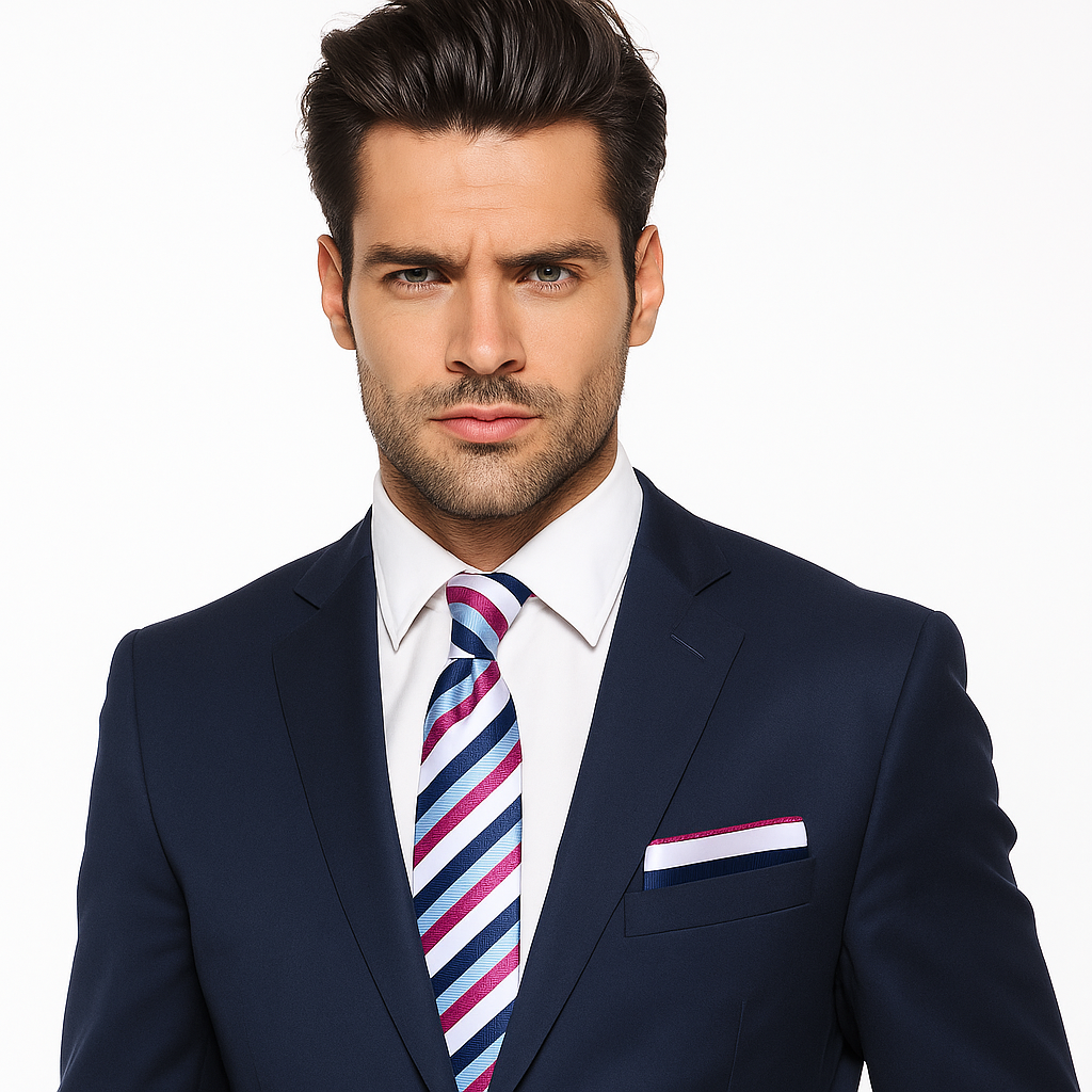 Caldwell striped necktie paired with a white dress shirt, ideal for business meetings.