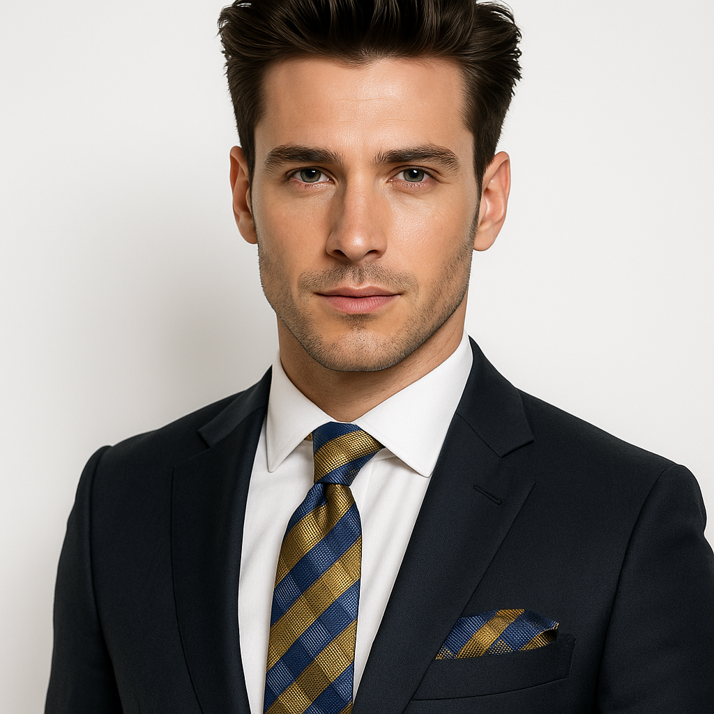 Close-up of men's plaid necktie with blue, red, and orange colors, suitable for business wear