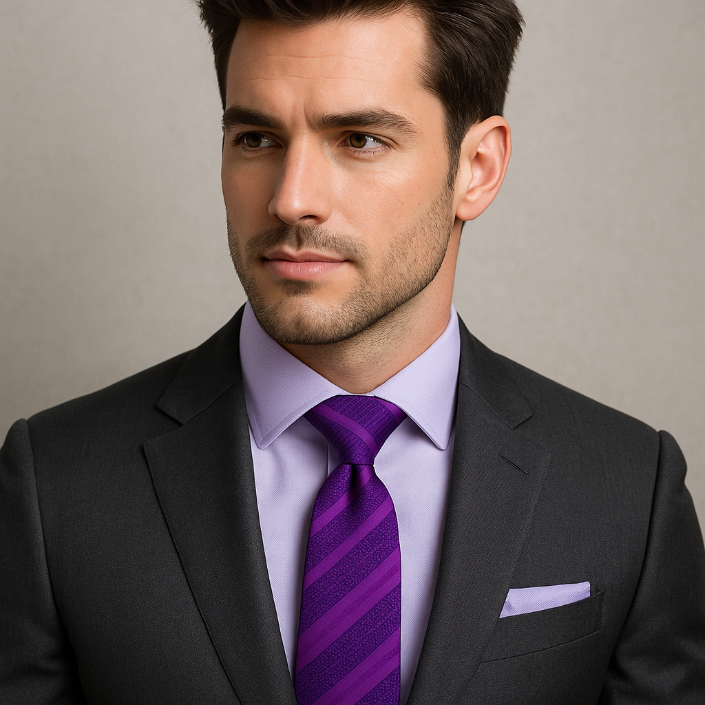 Close-up of the dark purple necktie showcasing its unique stripe and small check texture.