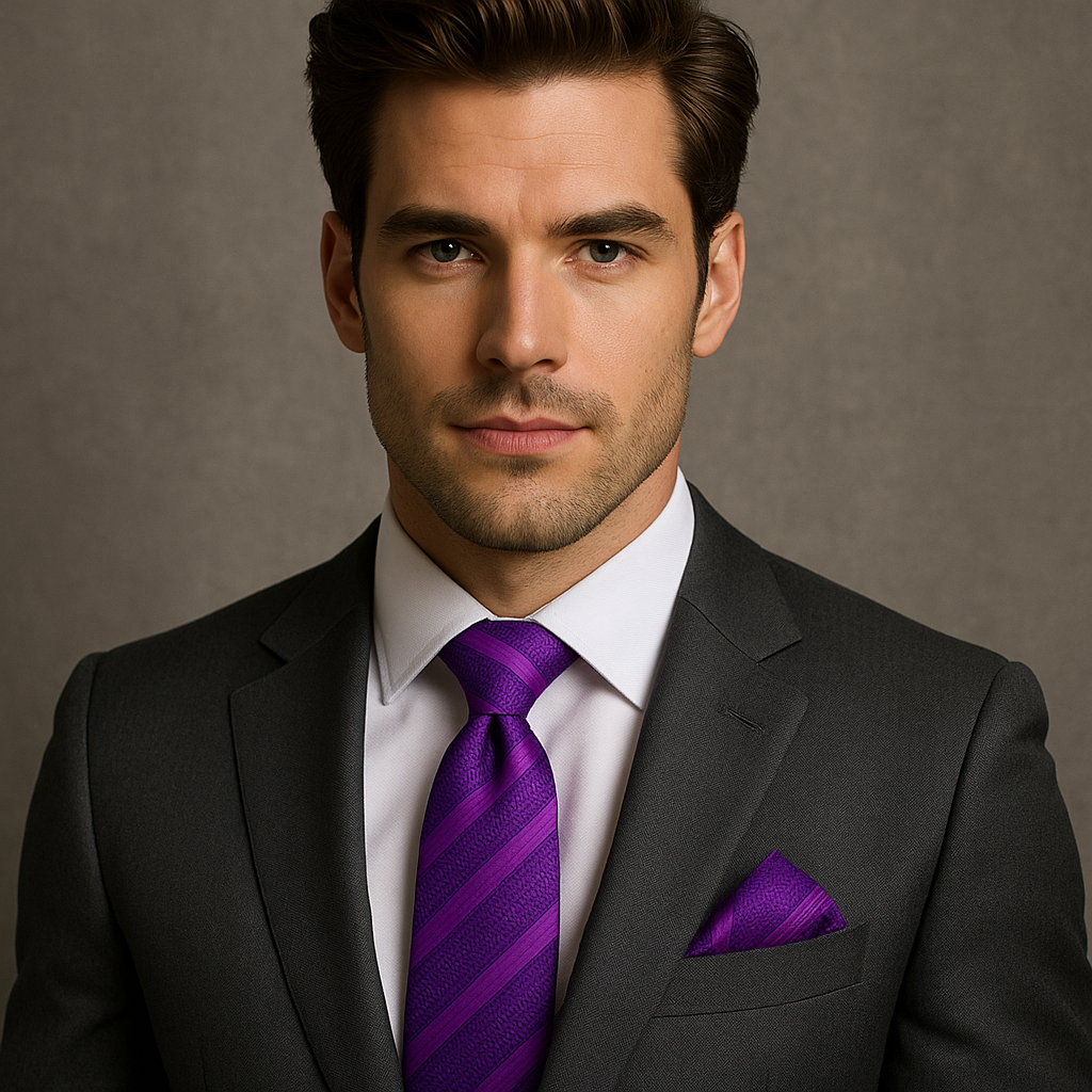 Styled dark purple necktie paired with a crisp white dress shirt for professional attire.
