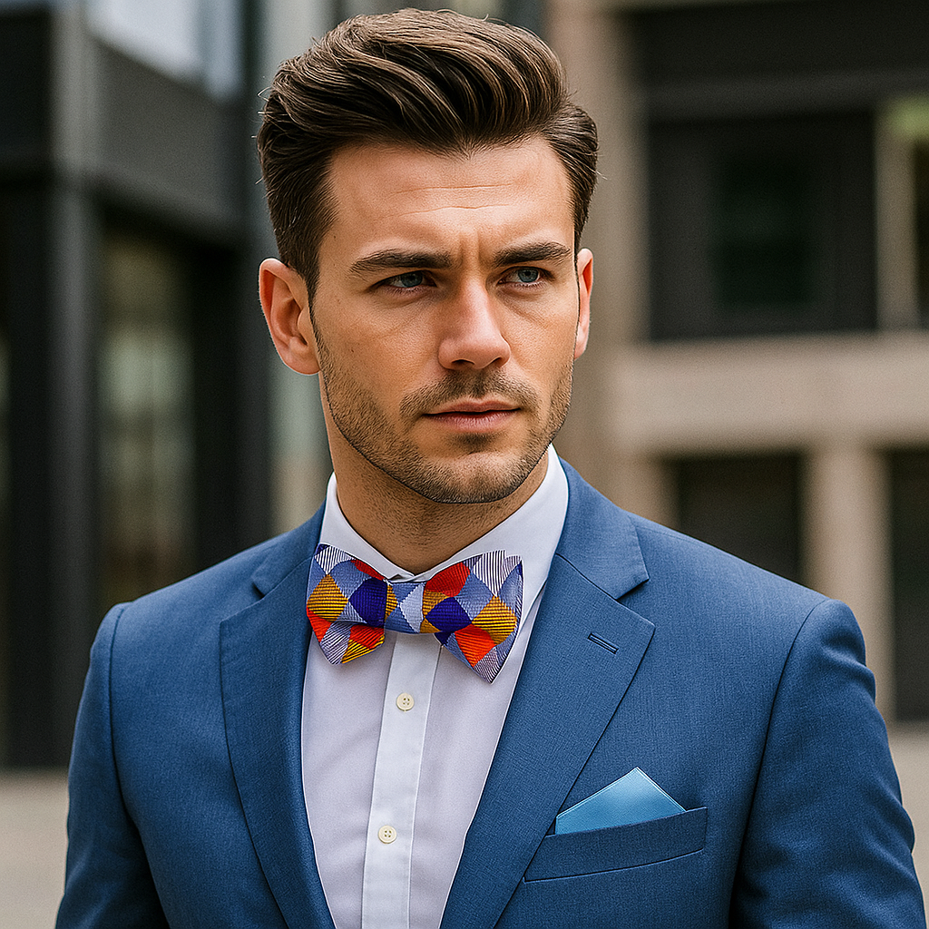 Front view of a modern geometric silk bow tie on a dress form, perfect for weddings and formal occasions