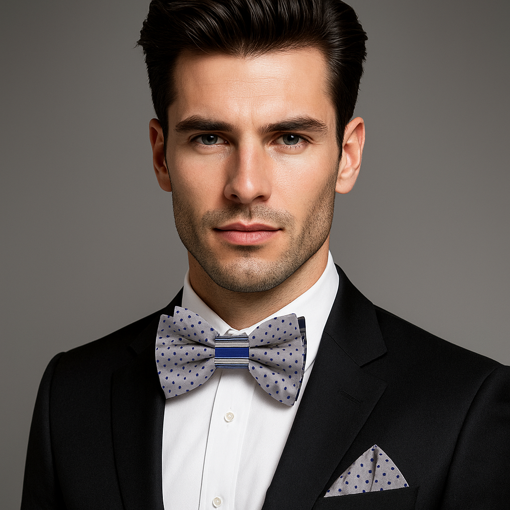 Front view of the double sided silk bow tie showing blue stripes – ideal for formal events