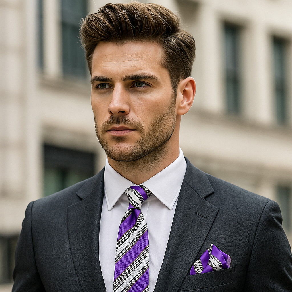 Front view of the purple striped necktie showcasing the houndstooth pattern.