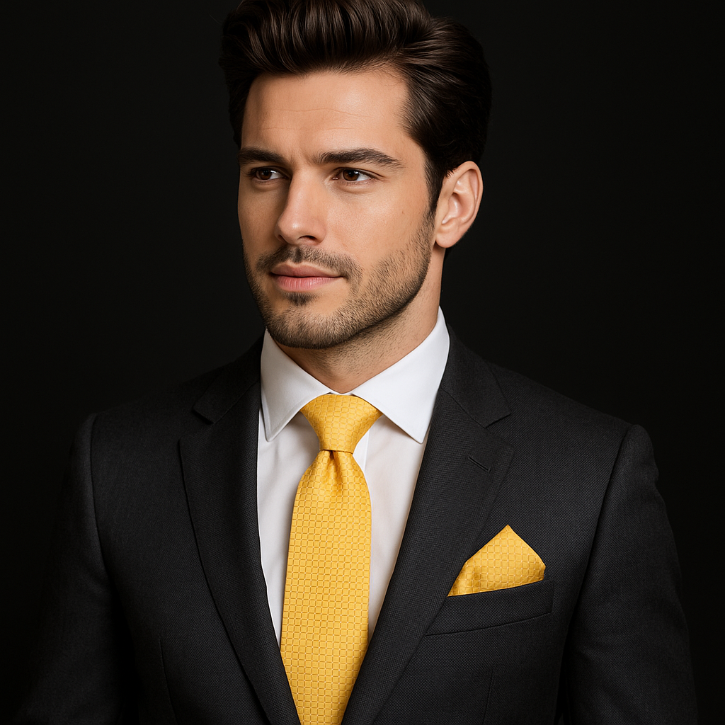 Close-up of vibrant yellow checkered men's tie showcasing its intricate pattern.