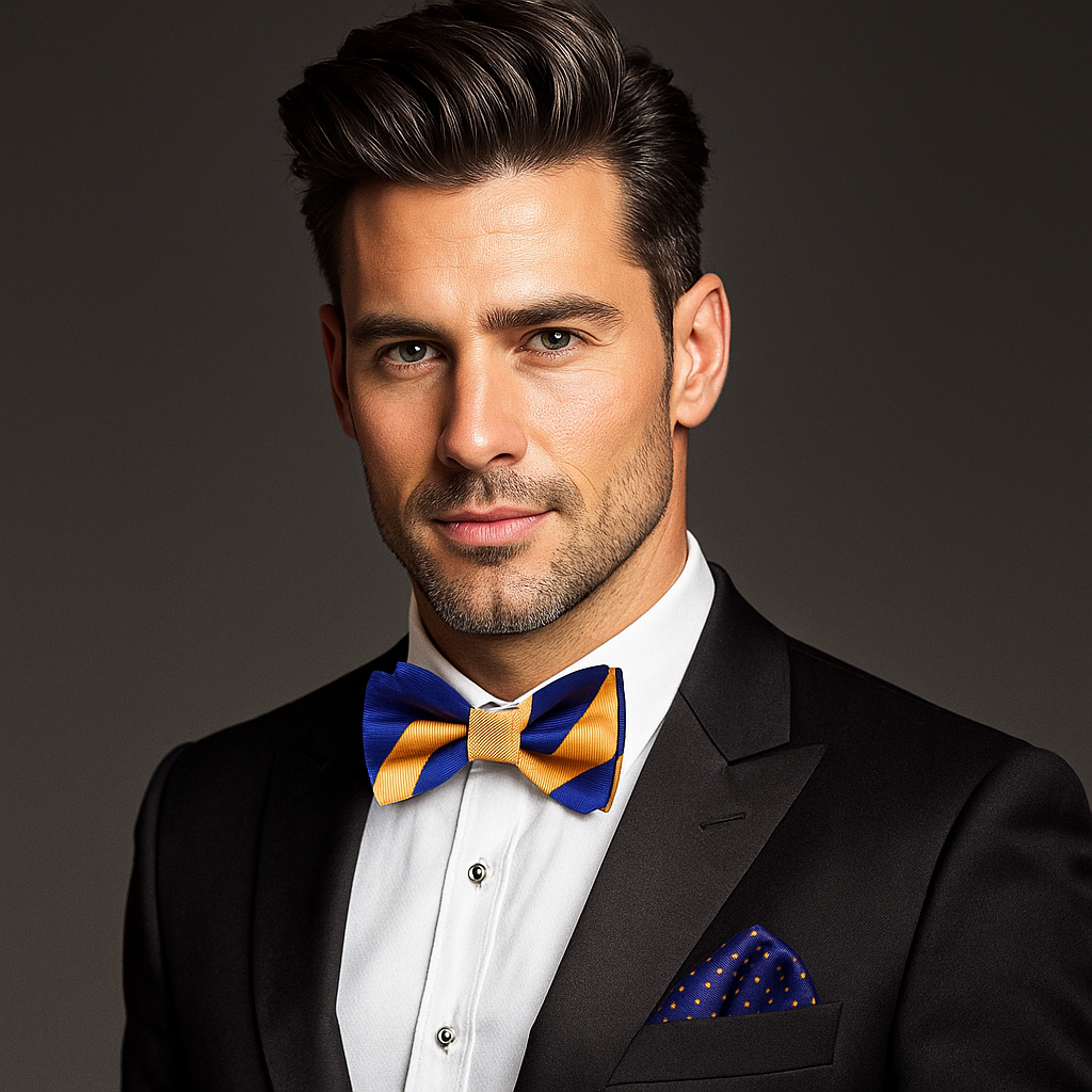 Model wearing a formal bow tie with wide stripe design for wedding guest outfit