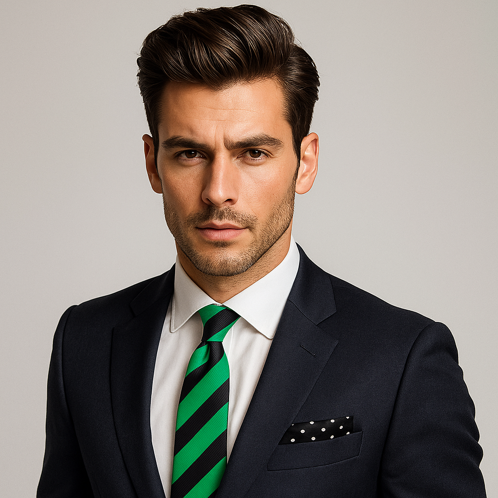 Front view of green and black stripe men's necktie hanging neatly