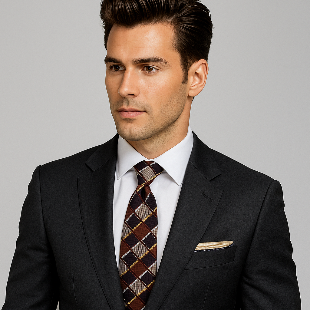 Brown plaid necktie draped on a suit jacket, perfect for autumn weddings.