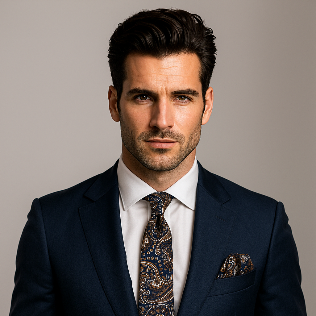 Close-up of the detailed paisley pattern on the dark blue and brown necktie