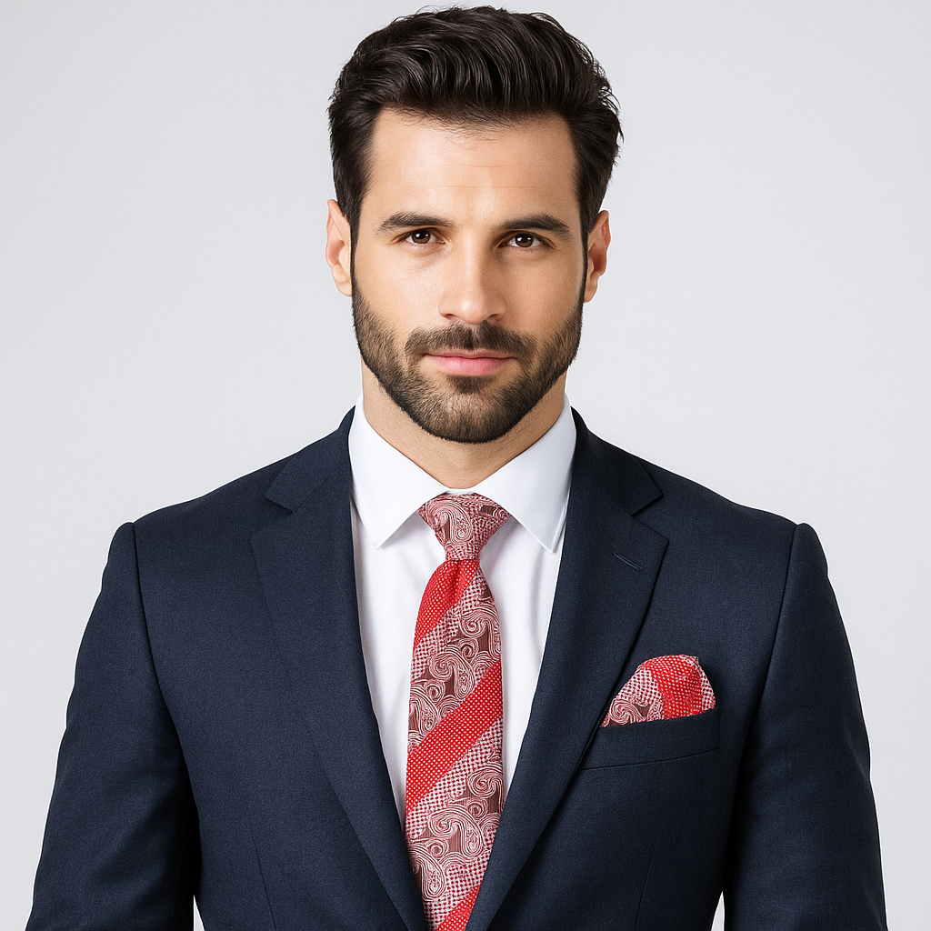 Full view of mens paisley tie with pocket square set styled with navy suit
