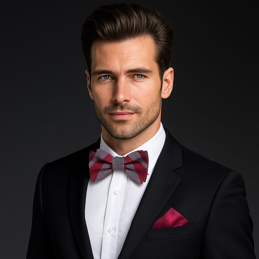 Close-up of modern abstract bow tie featuring grey, blue, and green colors.
