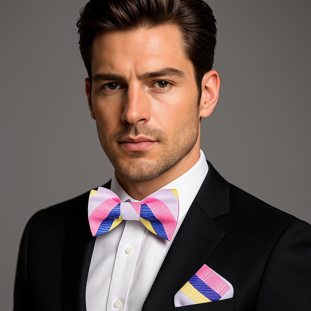 Light Blue, Pink, White, and Yellow Striped Bow Tie suitable for garden parties.