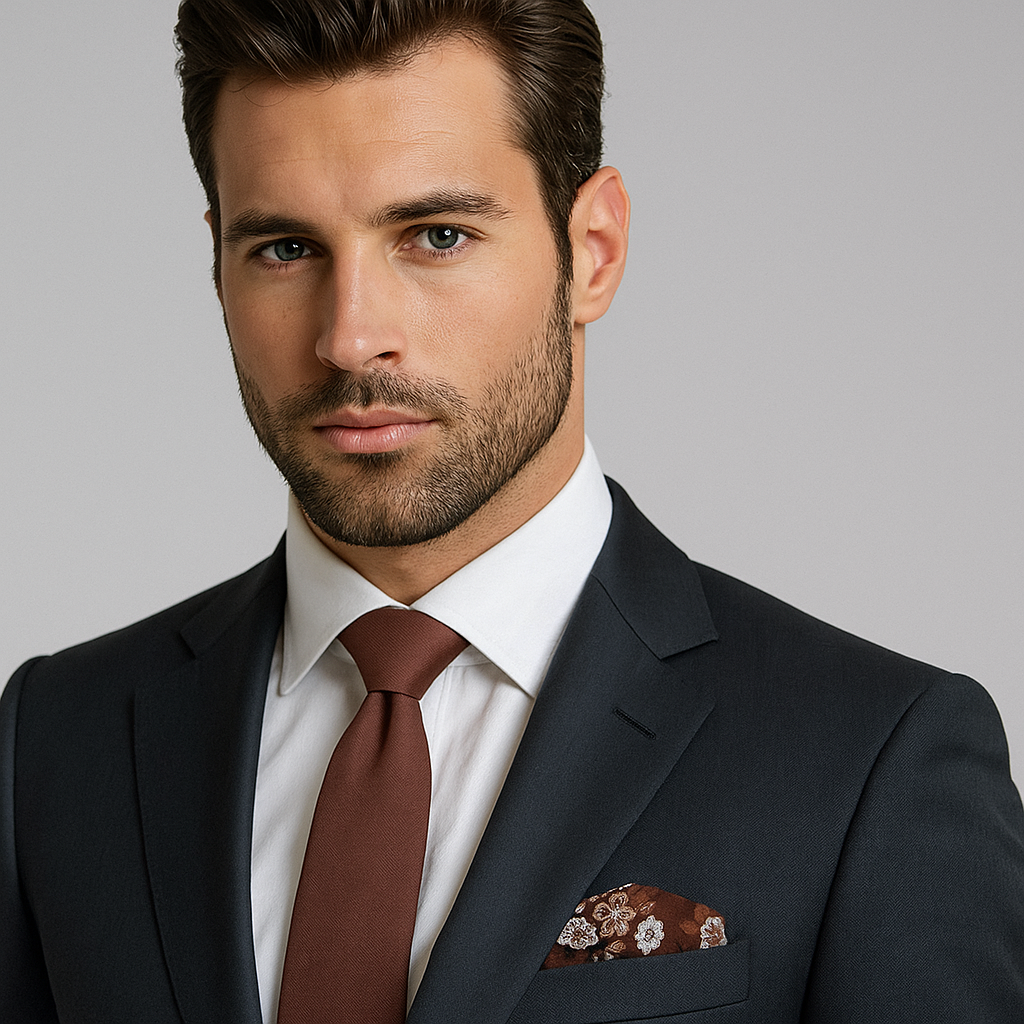 Front view of men's tie styled with a navy suit and white shirt – ideal for office wear