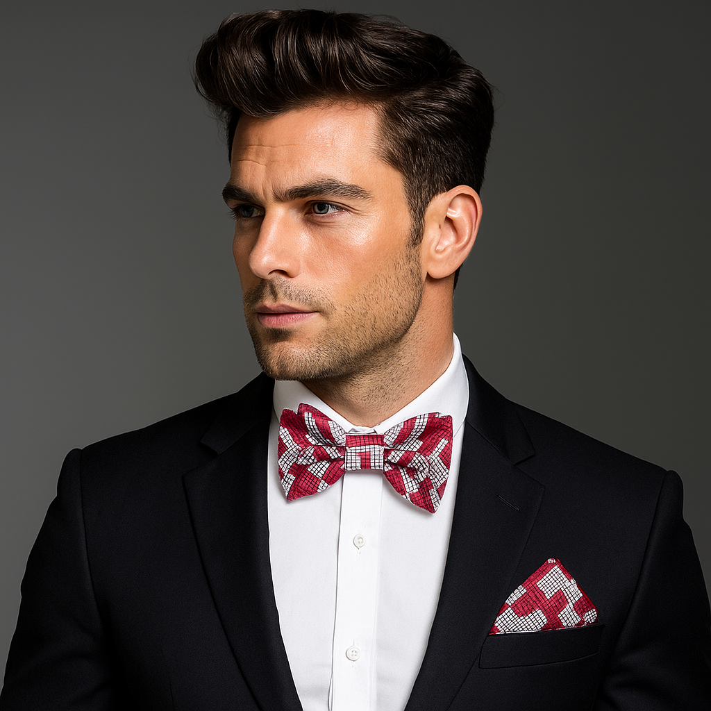 Close-up of a large houndstooth bow tie in red and silver for weddings