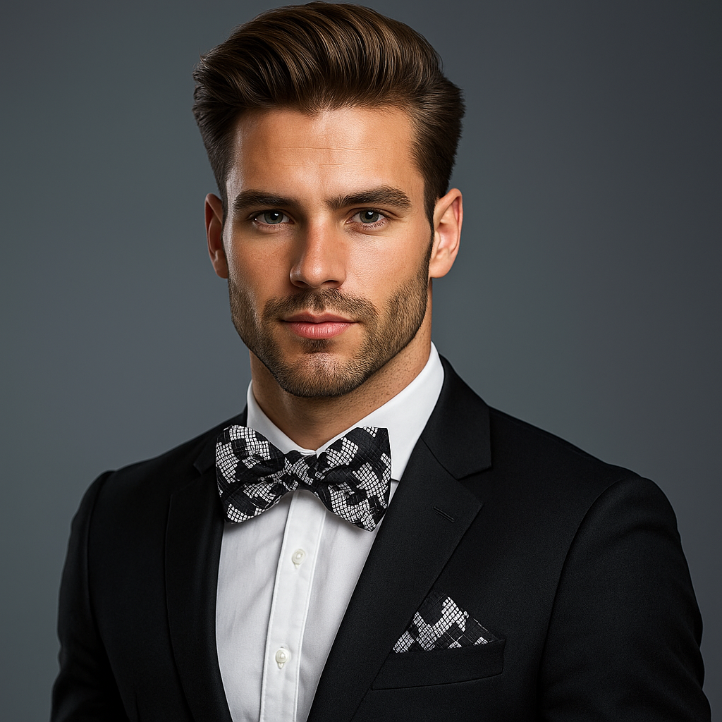Close-up of a large houndstooth bow tie in red and silver for weddings