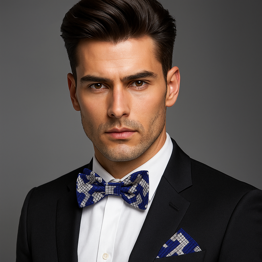 Model wearing a silk houndstooth bow tie with a classic white dress shirt