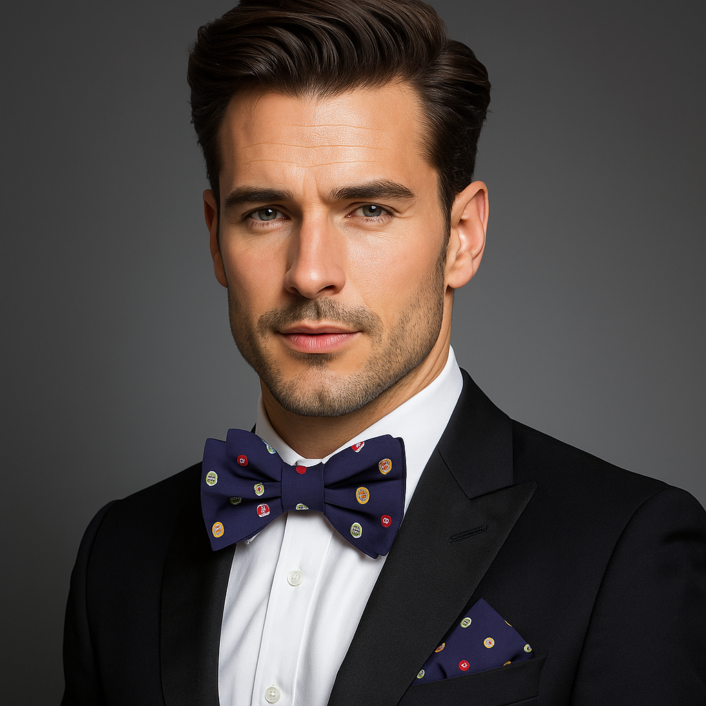 Front view of the Rack & Roll billiards bow tie showing multicolored balls on dark blue silk