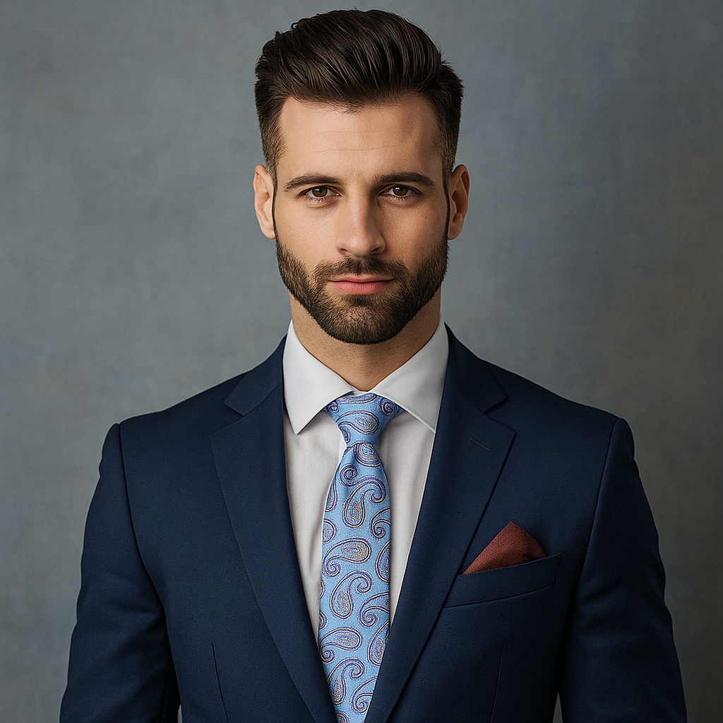 Close-up of light blue paisley tie showcasing detailed pattern and silk texture