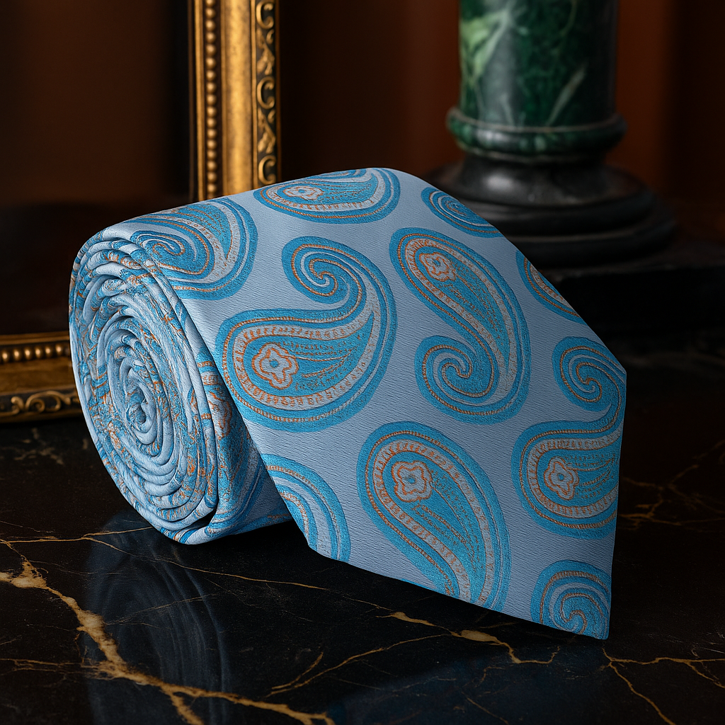 Front view of aqua blue paisley necktie with silk texture, ideal wedding tie for sunny celebrations.