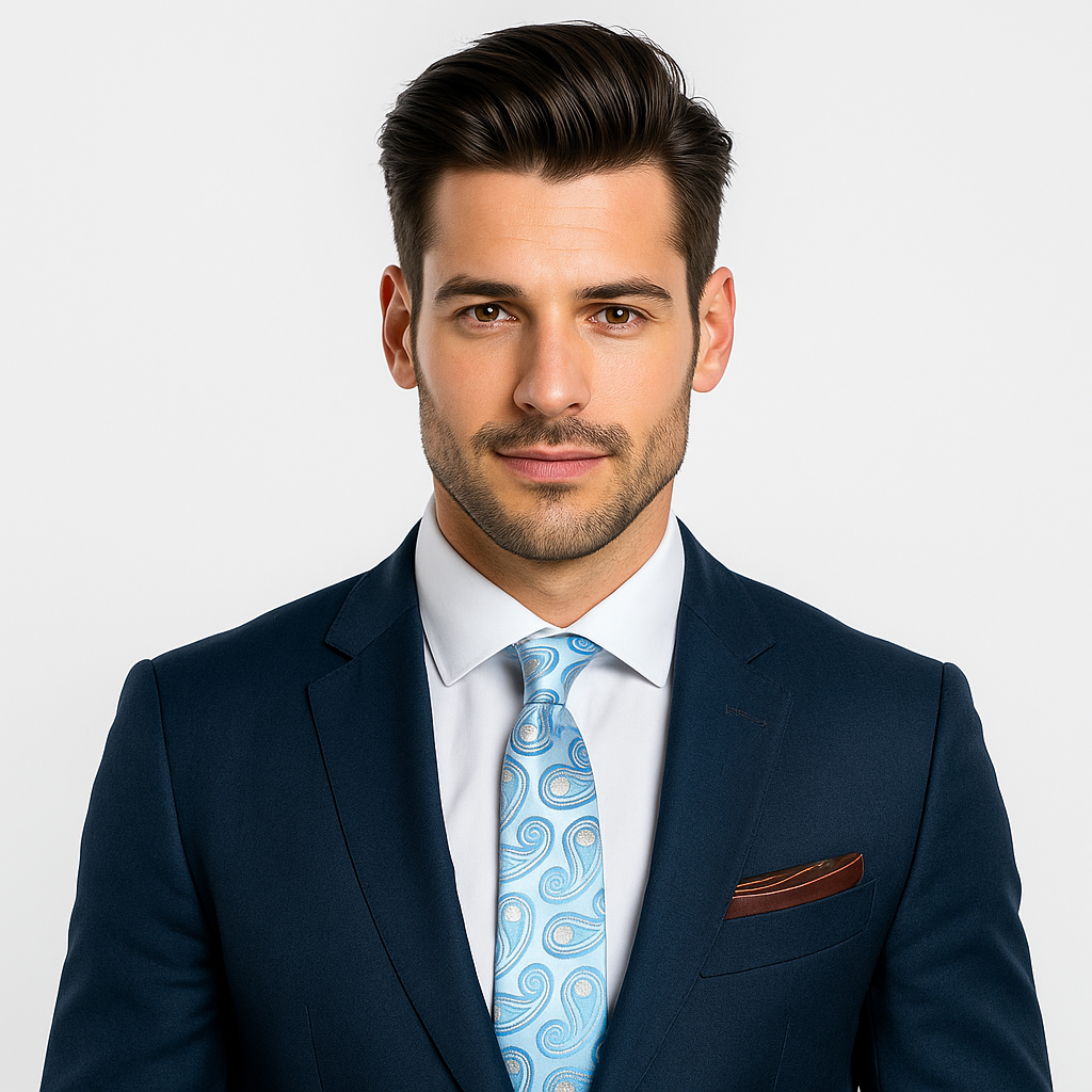 Close-up of paisley pattern on aqua tie paired with matching pocket square—perfect formal necktie for garden party attire.