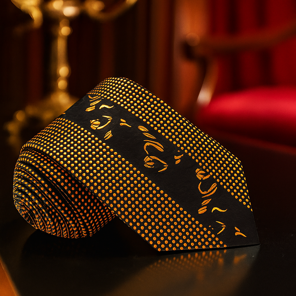 Black and gold floral patterned necktie with check border, ideal for weddings and business events.