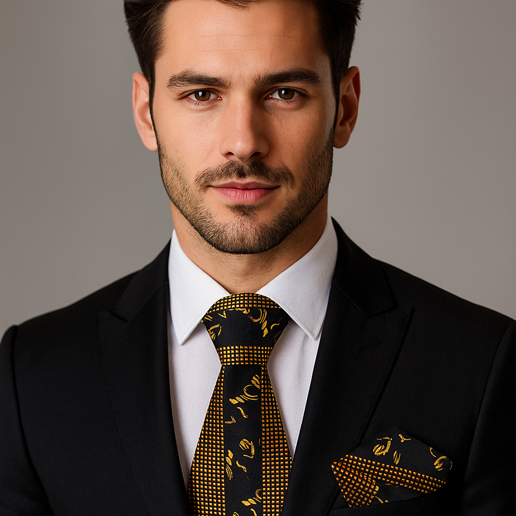 Close-up view of the floral center design of the black necktie showcasing antique gold details.