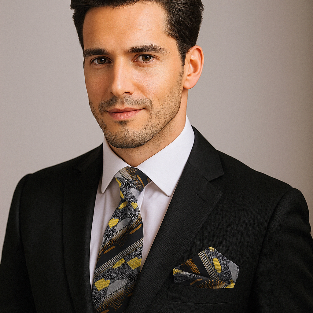 Close-up of the black and gold necktie, highlighting the intricate details of its abstract pattern and silk material.