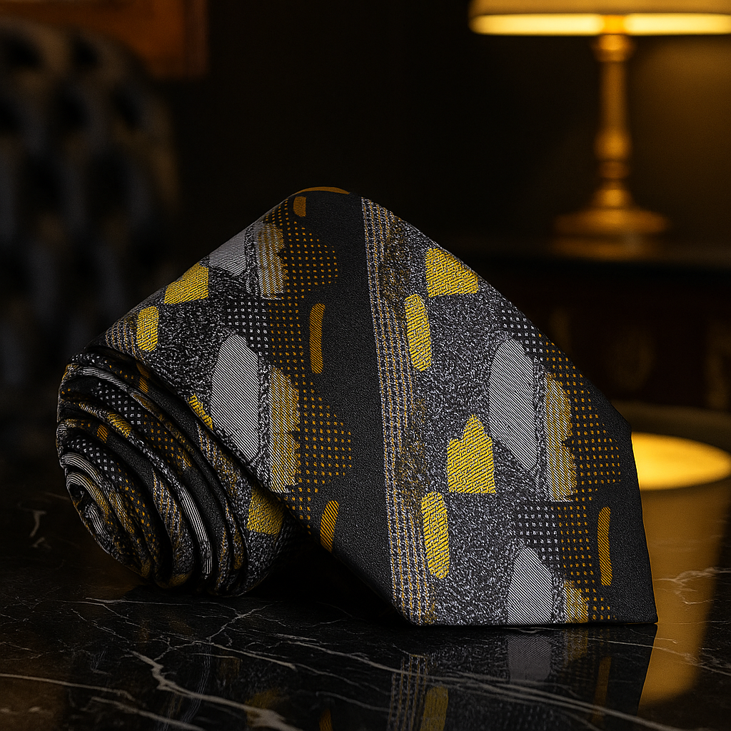 Stylish necktie with abstract pattern displayed on a mannequin, showcasing its elegant design and color palette.
