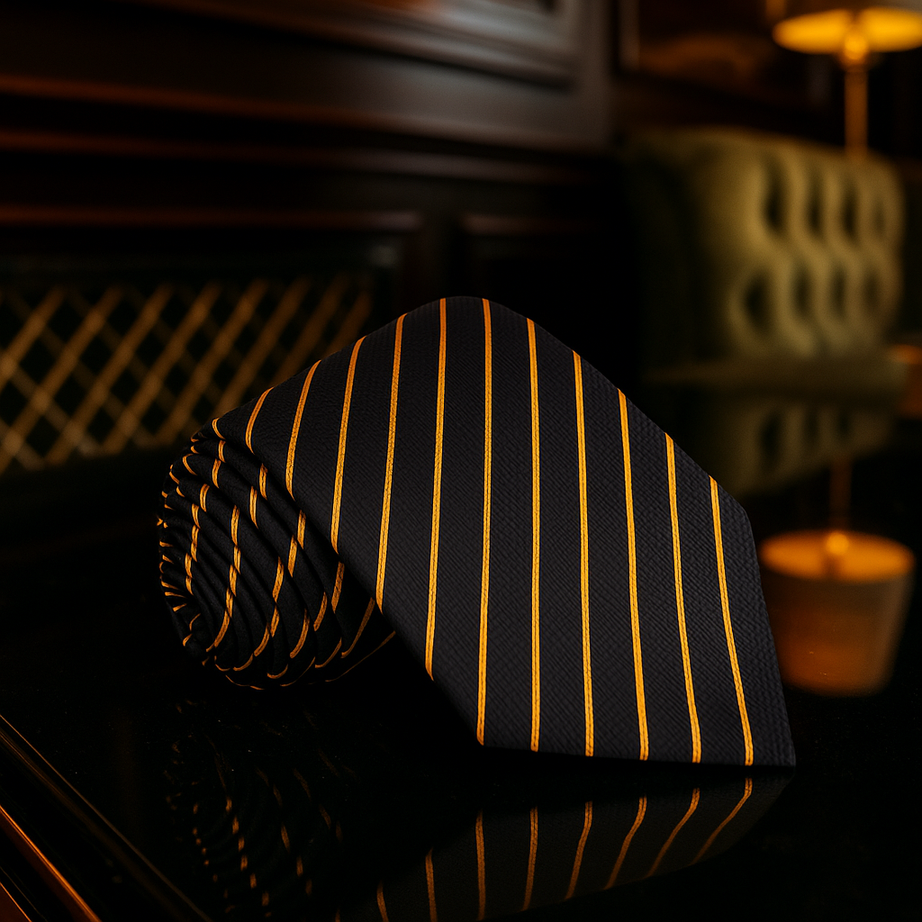 Model wearing a black and gold pinstripe tie paired with a white dress shirt