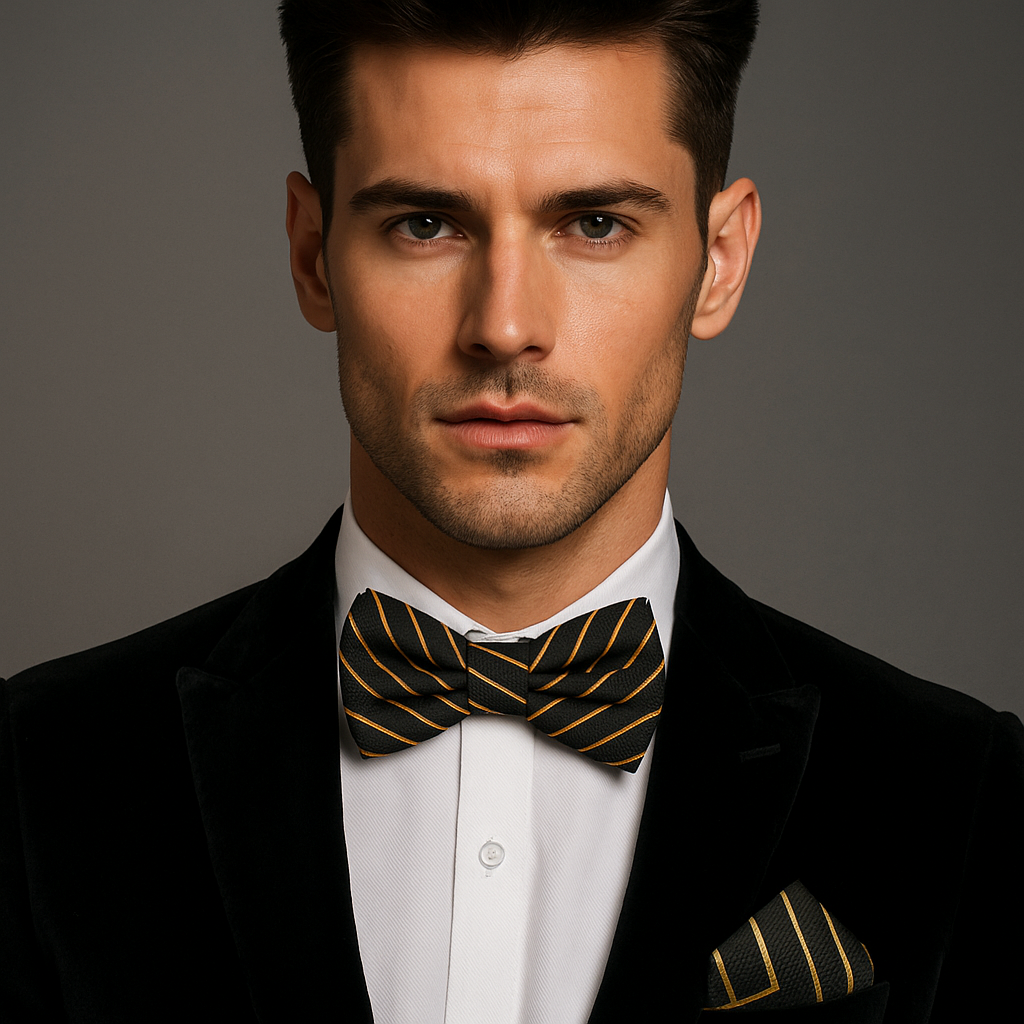 Close-up of black silk bow tie with gold pinstripes for formal wear