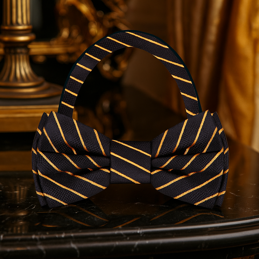 Silk formal bow tie with gold accents paired with a suit for evening event