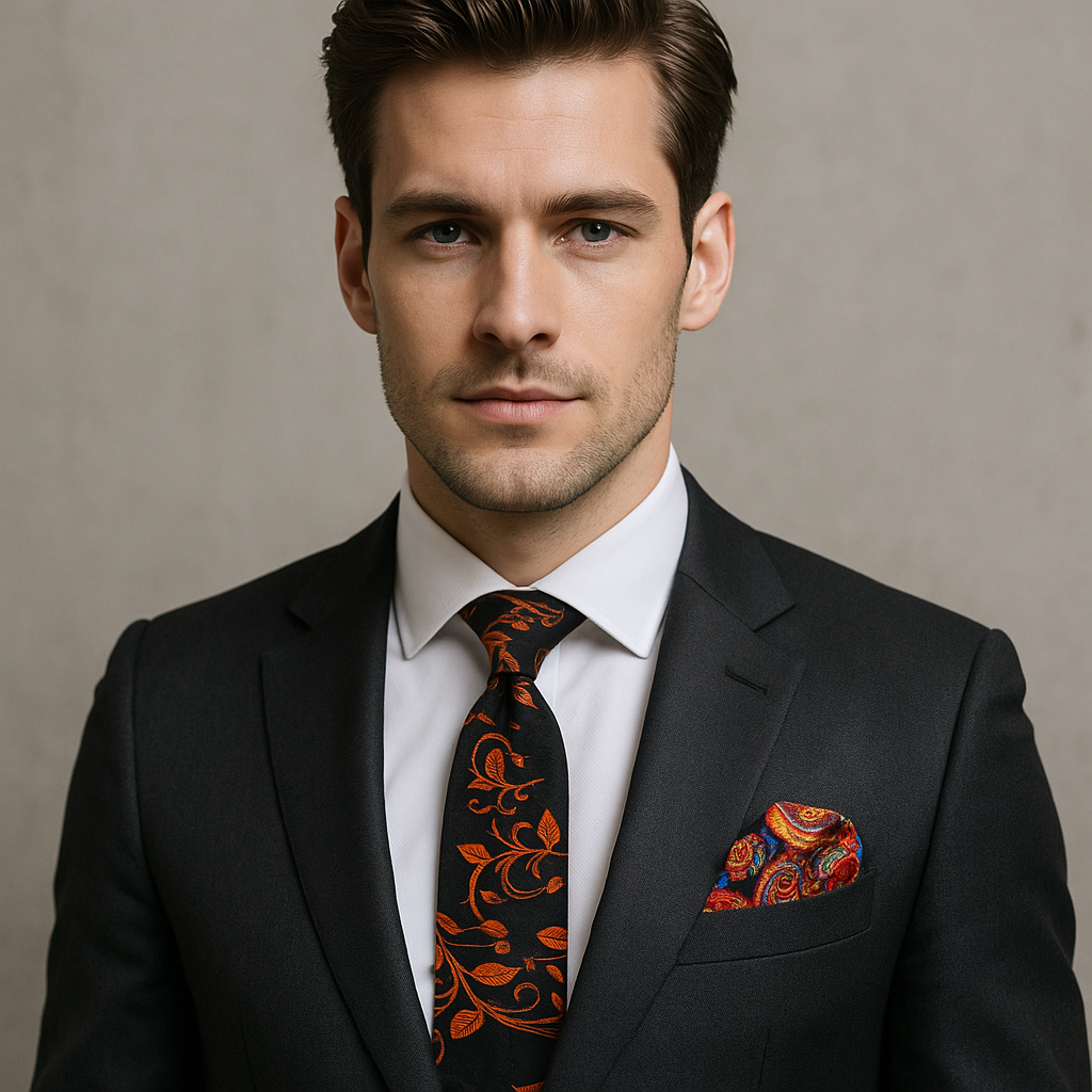Copper Elegance Slim Necktie displayed on a white shirt, showcasing its intricate design suitable for formal occasions.