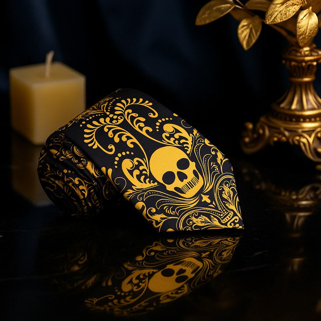 Close-up of the Midnight Black necktie showcasing the yellow skull pattern, ideal for parties.