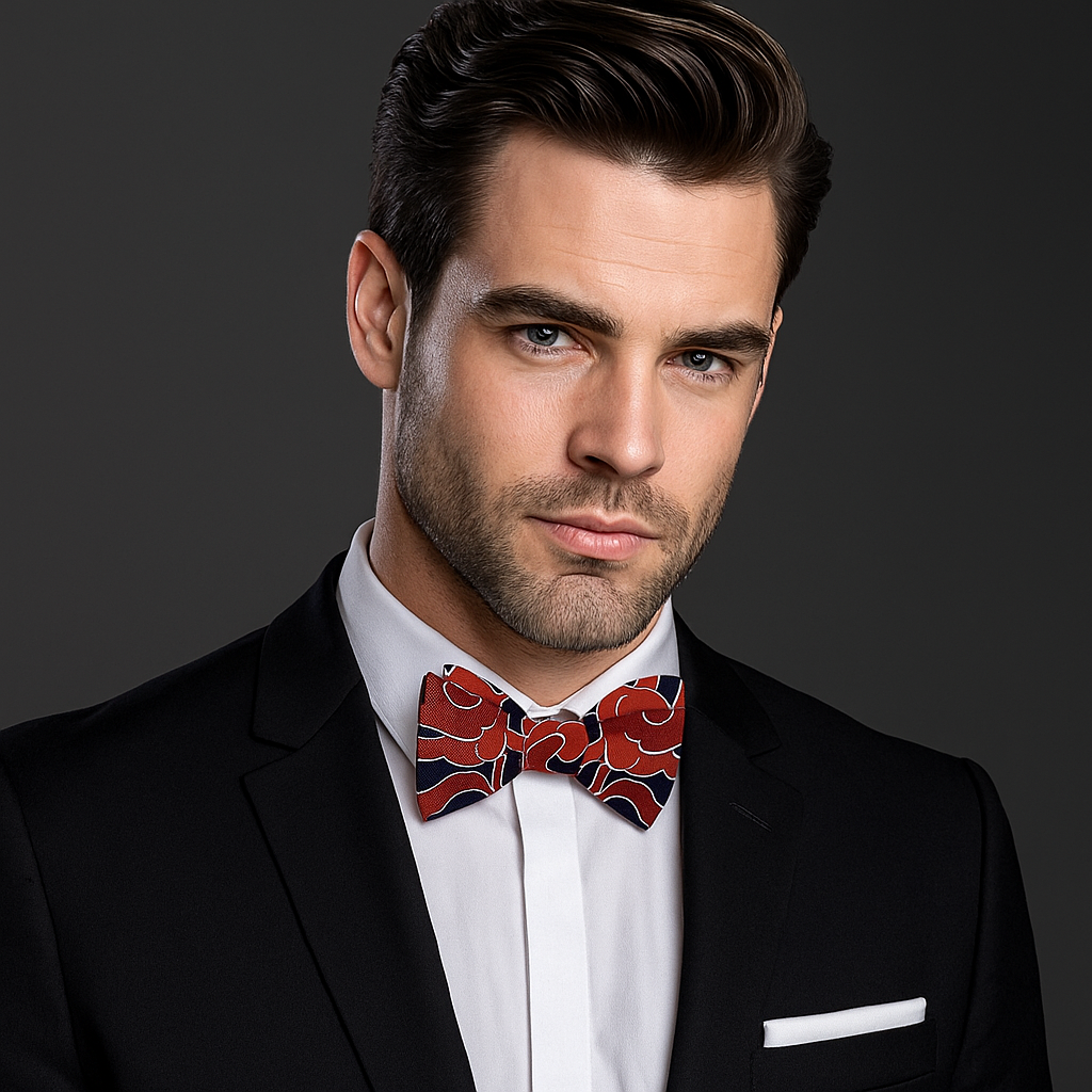 Close-up of the Cavendahl self-tie bow tie showing brown abstract swirls on black silk
