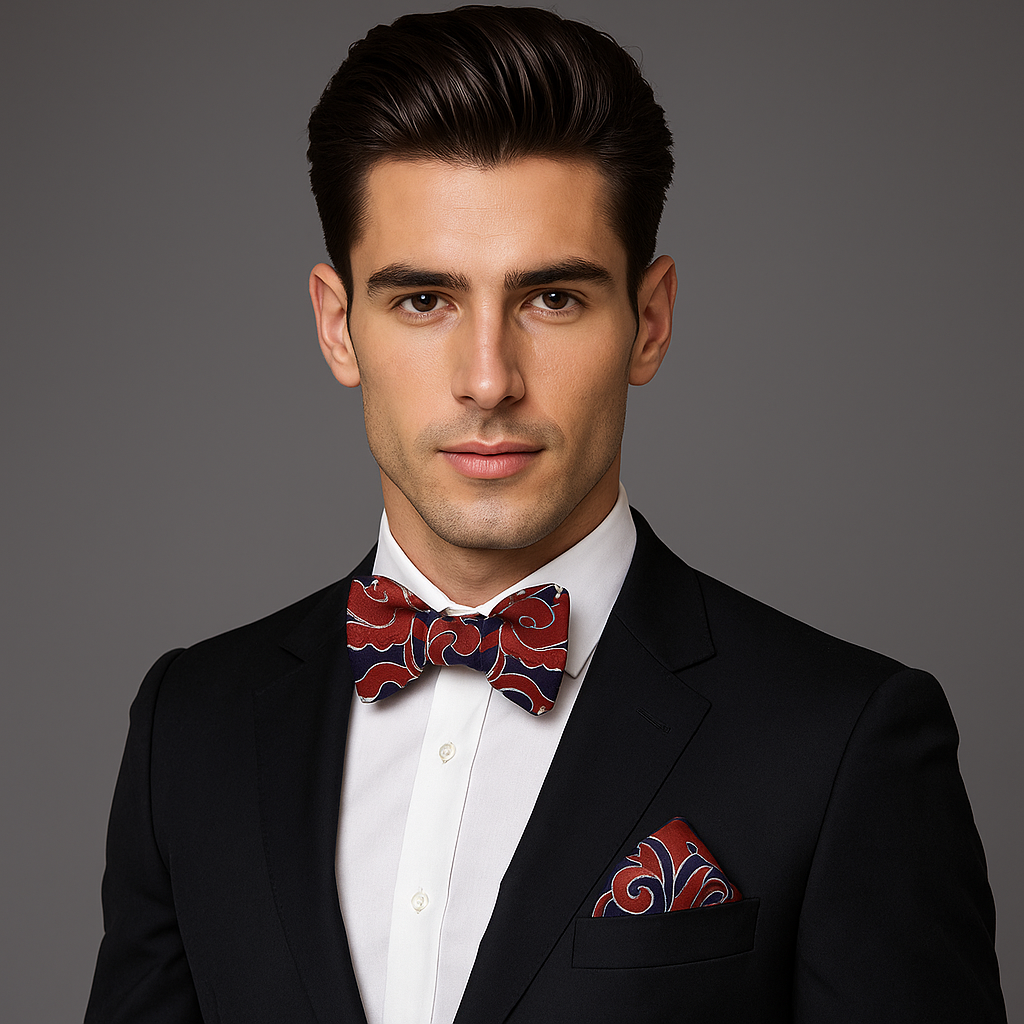 Flat lay of the bow tie and matching pocket square set, ideal for formal occasions